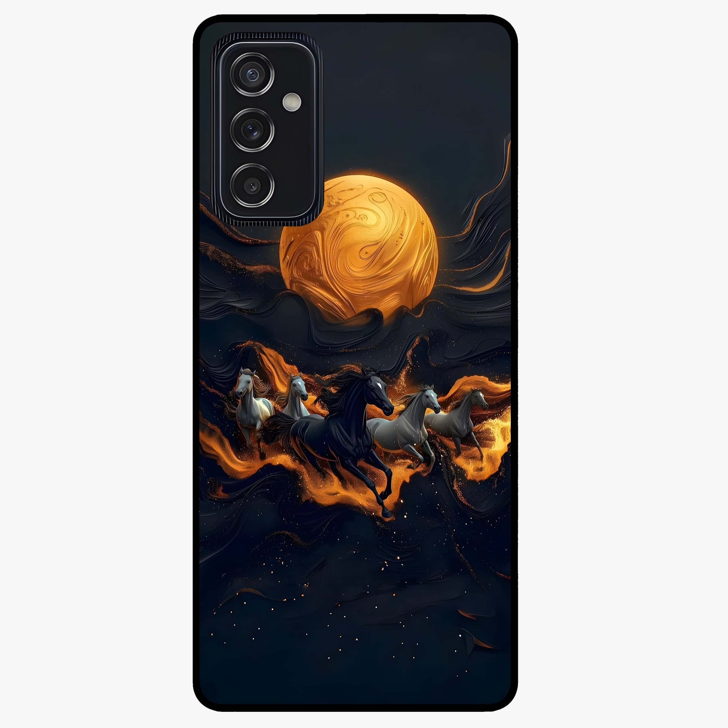 Golden Stallion Moonride Glass Case showing flat back view with majestic horse under moonlight artwork and glossy glass finish.