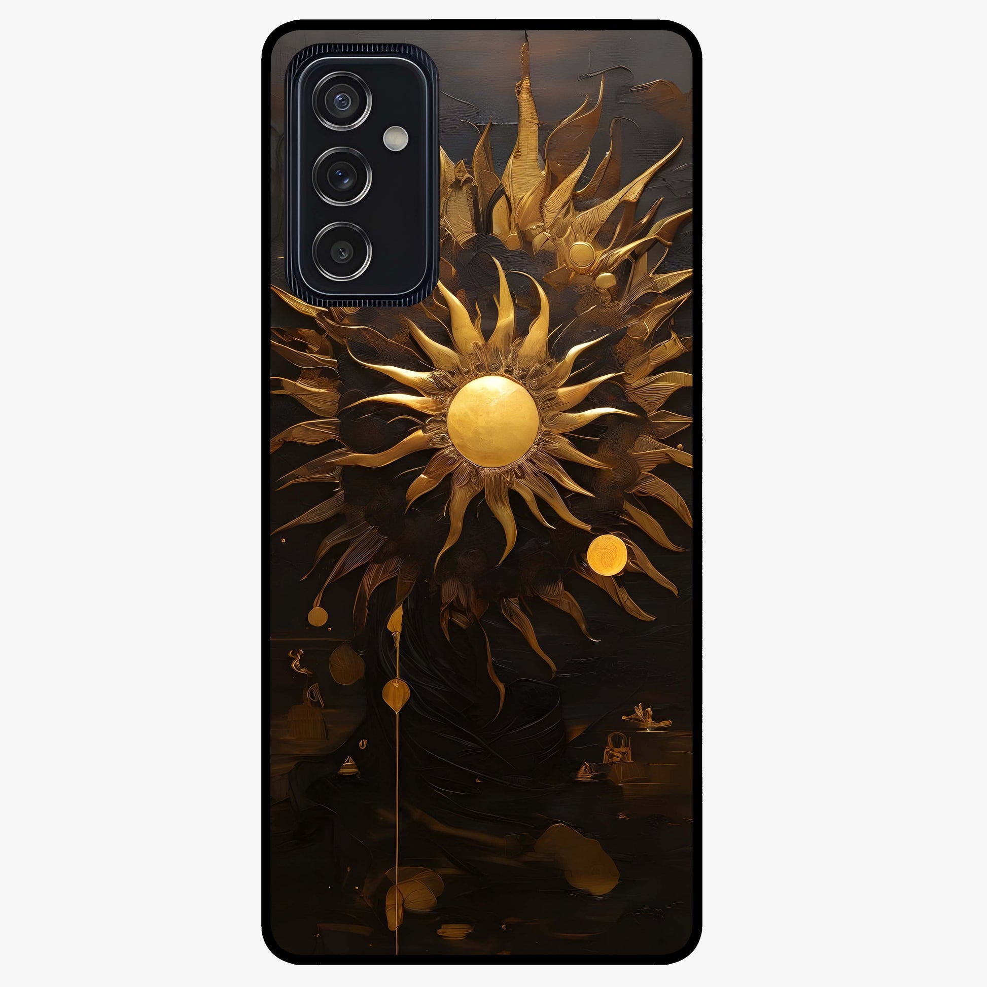 Golden Sun Majesty Glass Case showing flat back view with radiant golden sun artwork and glossy glass finish.