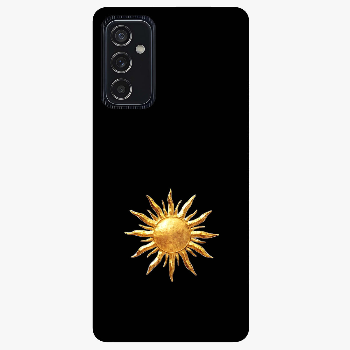 Golden Sun Minimalism Glass Case showing flat back view with minimal golden sun artwork and glossy glass finish.