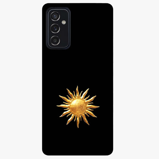Golden Sun Minimalism Glass Case showing flat back view with minimal golden sun artwork and glossy glass finish.