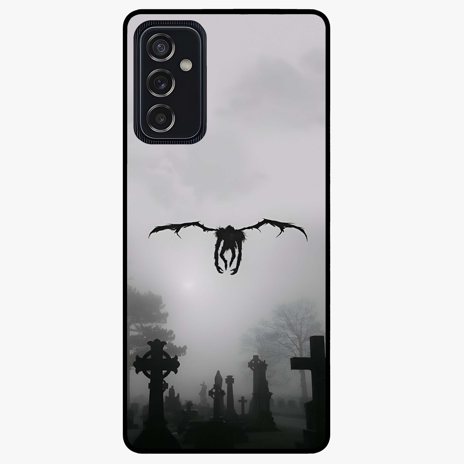 Graveyard Shadow Descent Glass Case showing flat back view with dark graveyard themed artwork and glossy glass finish.
