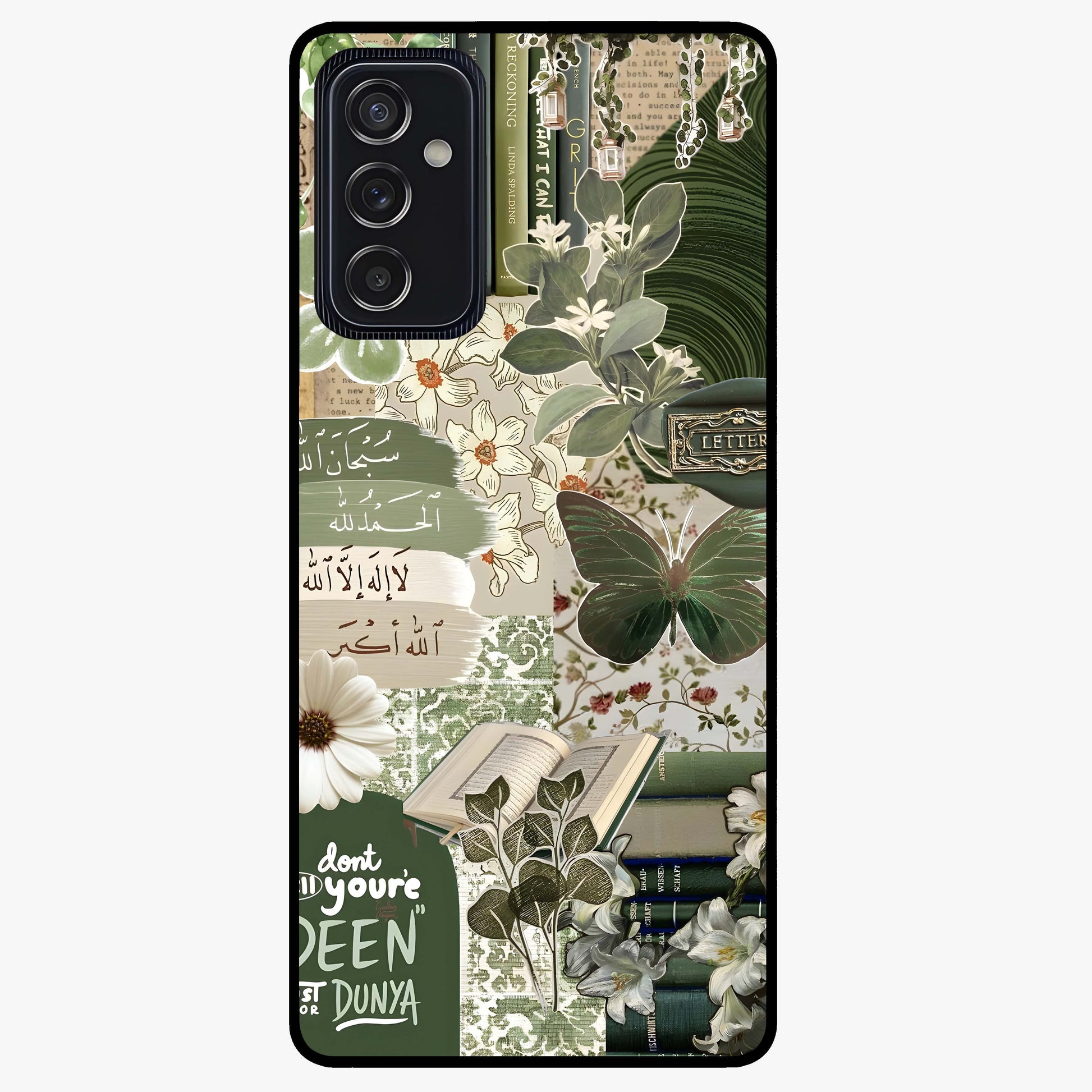 Green Islamic Books Quotes Glass Case showing flat back view with Islamic quotes and book themed artwork and glossy glass finish.