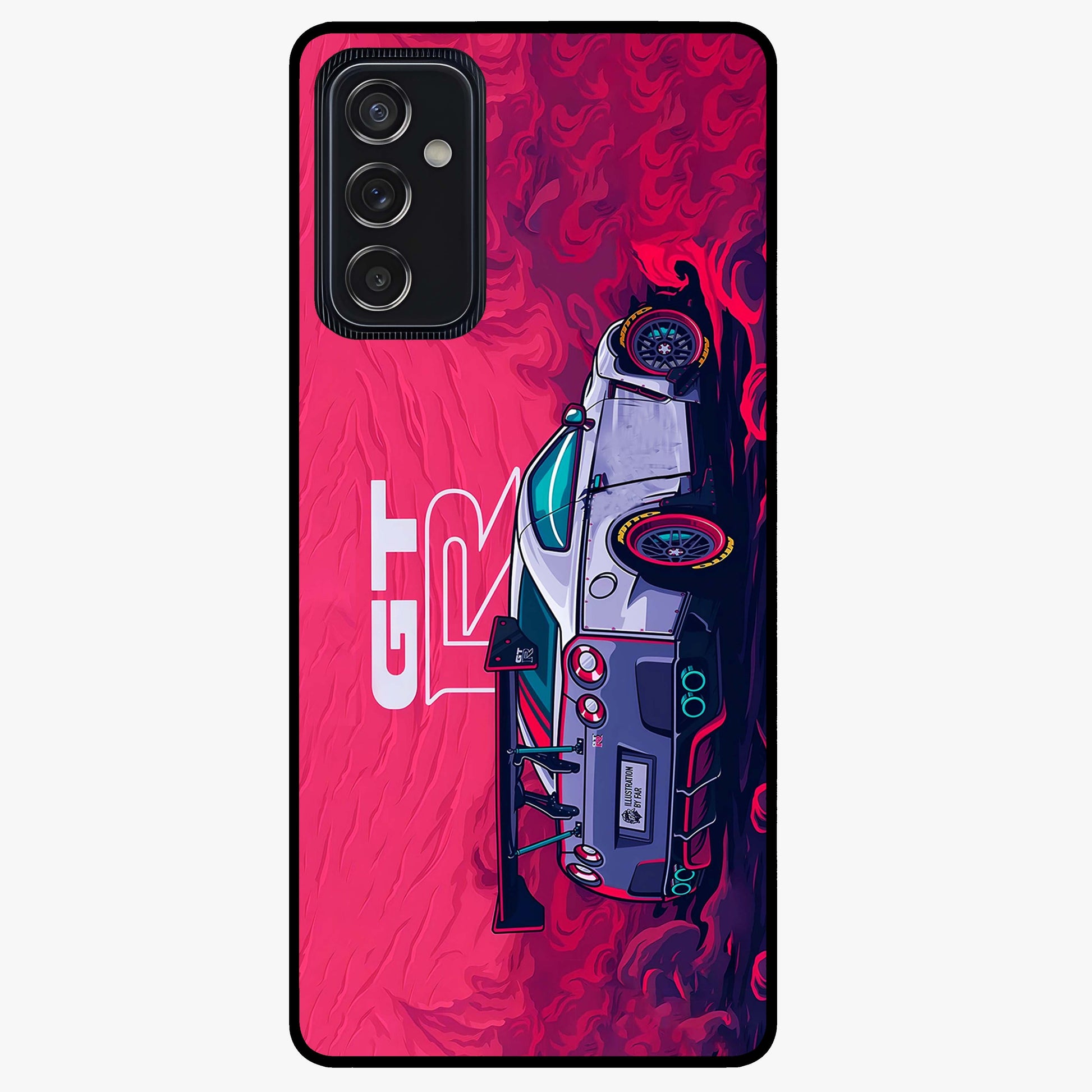GT-R Car Pattern Glass Case showing flat back view with sporty car inspired pattern artwork and glossy glass finish.