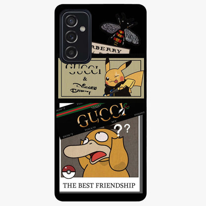 Gucci Play Mashup Glass Case showing flat back view with luxury inspired graphic artwork and glossy glass finish.