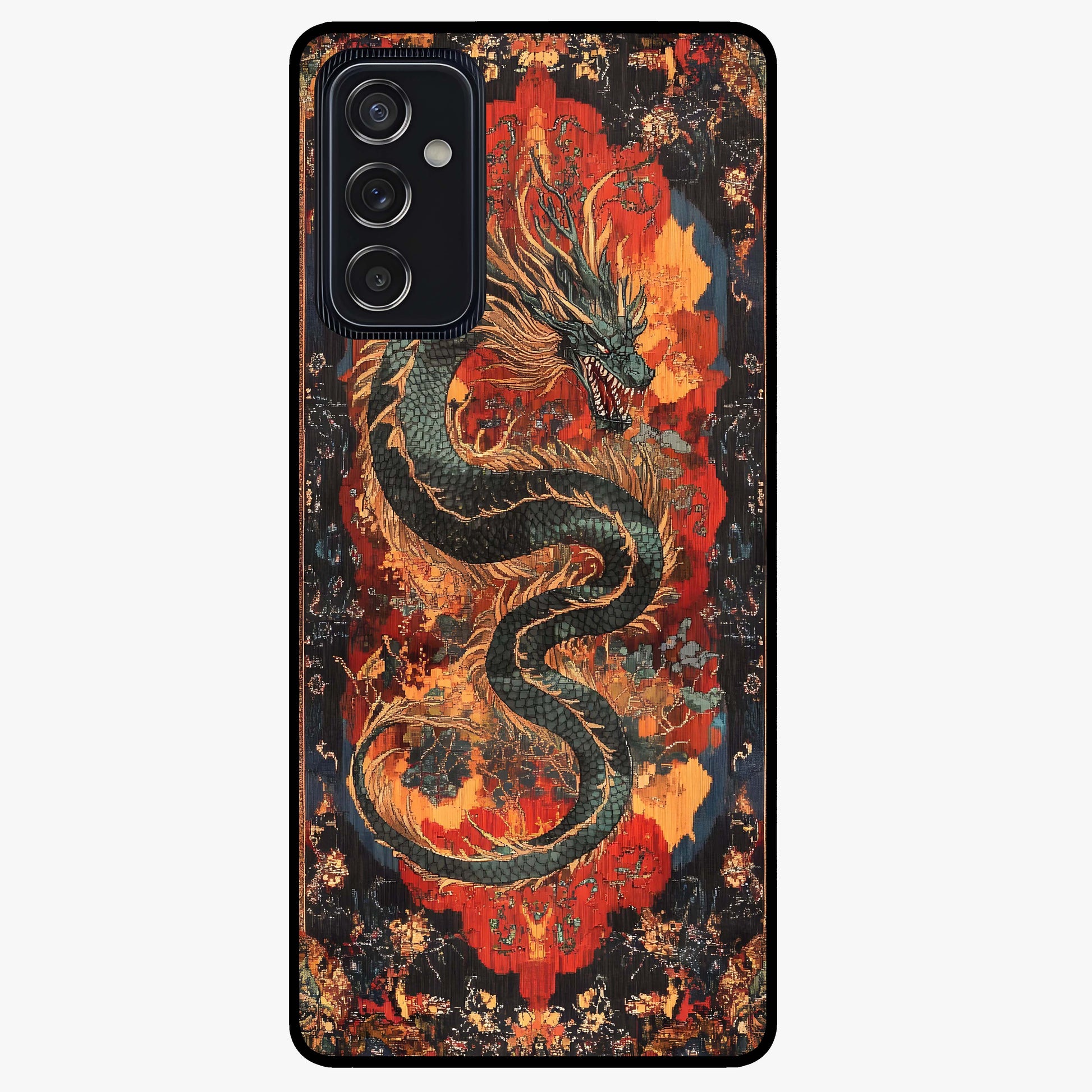 Inferno Dragon Soul Glass Case showing flat back view with fiery dragon artwork and glossy glass finish.