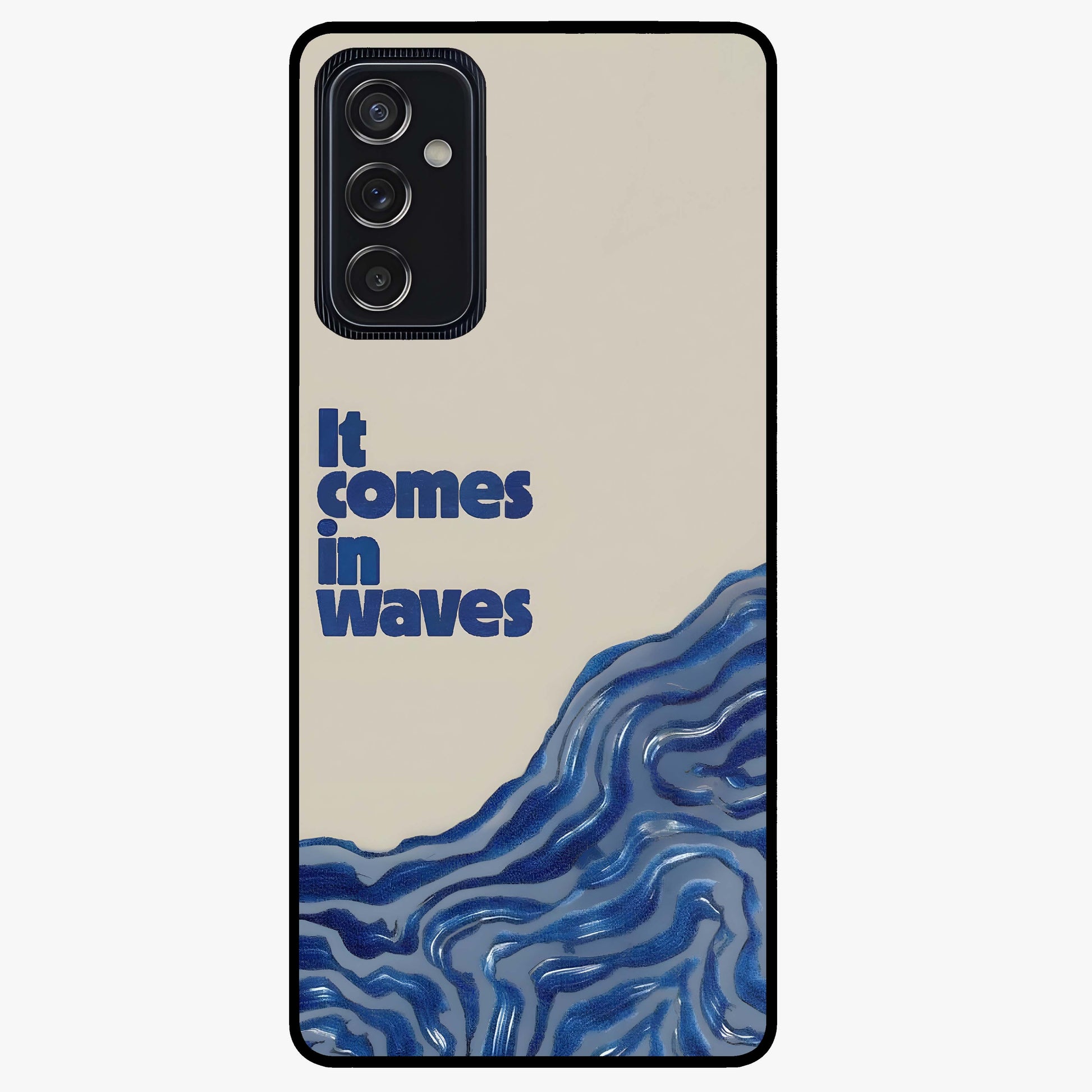 It Comes In Waves Quote Glass Case showing flat back view with inspirational wave themed quote artwork and glossy glass finish.