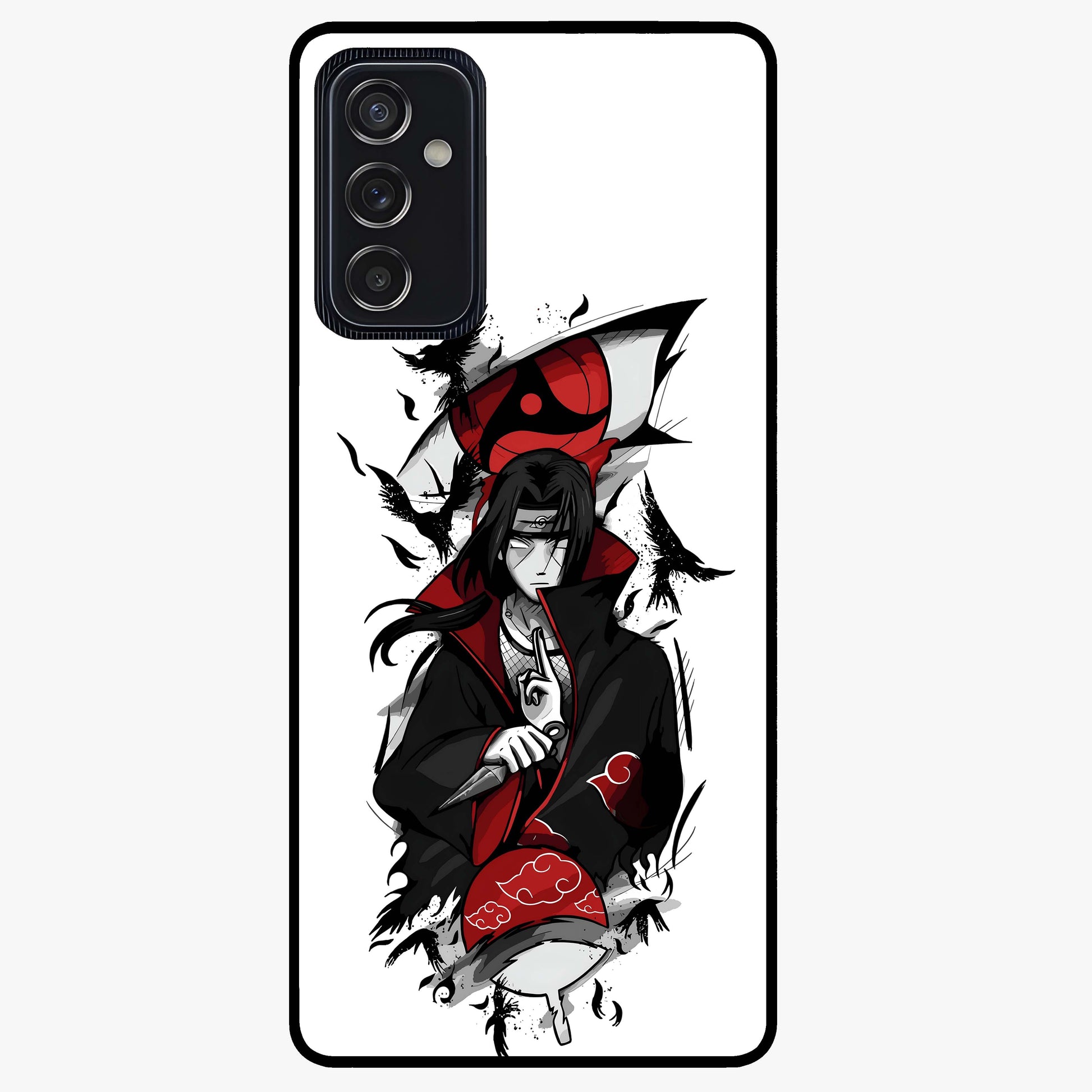 Itachi Sharingan Glass Case showing flat back view with powerful anime eye artwork and glossy glass finish.