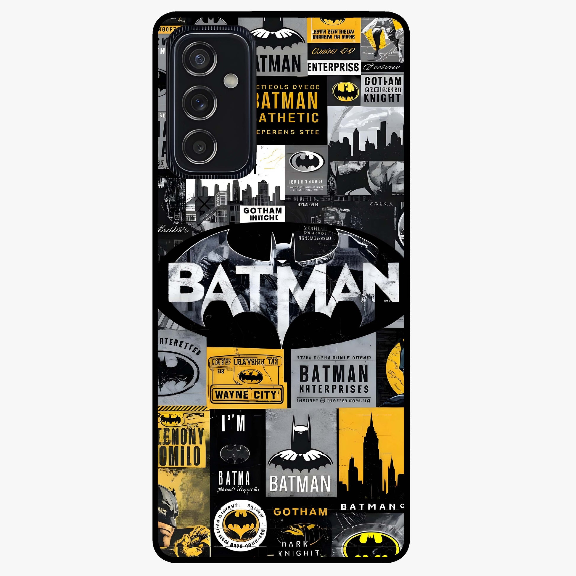 Knight Gotham Rise Glass Case showing flat back view with dark hero inspired artwork and glossy glass finish.