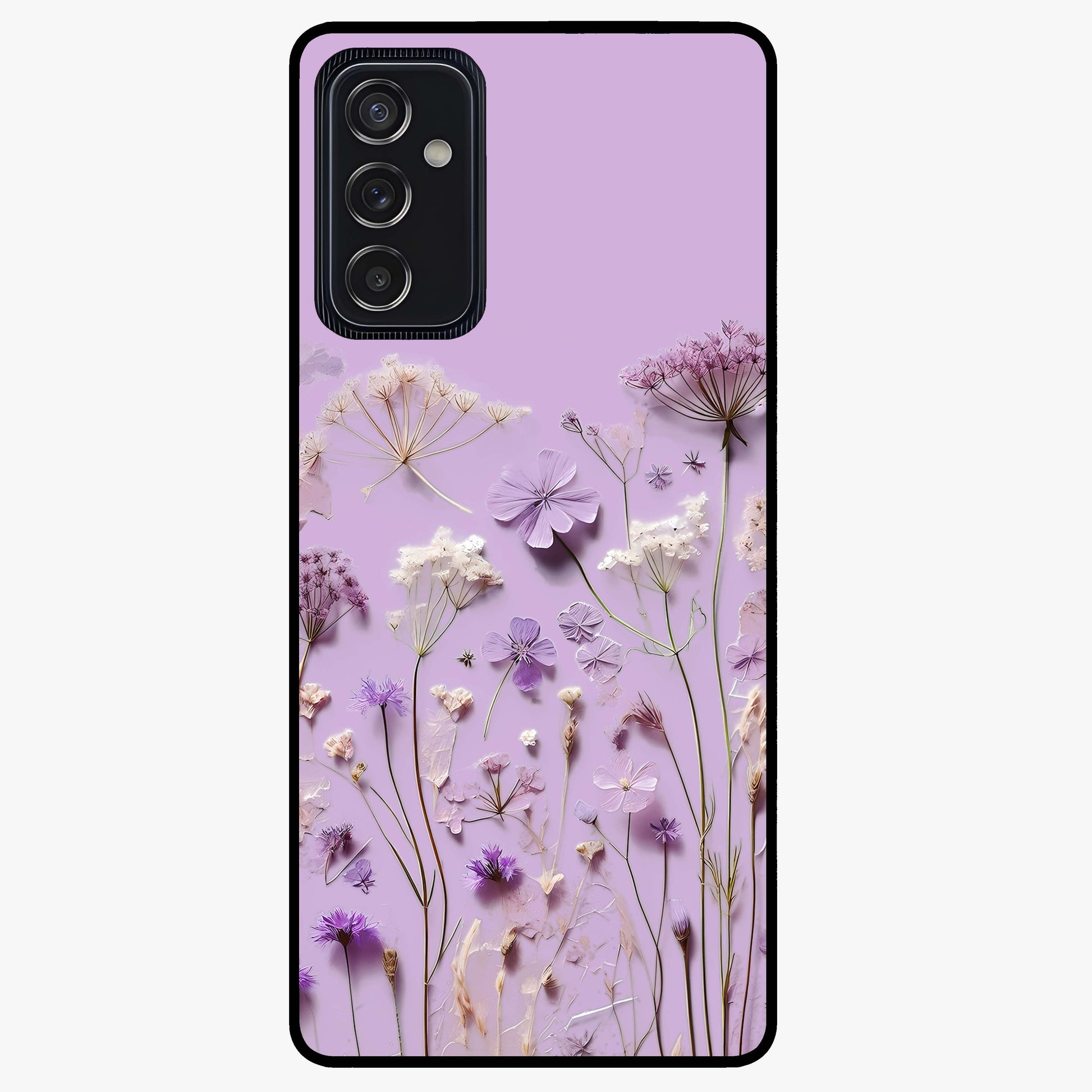Lavender Blossom Dream Glass Case showing flat back view with soft lavender floral artwork and glossy glass finish.
