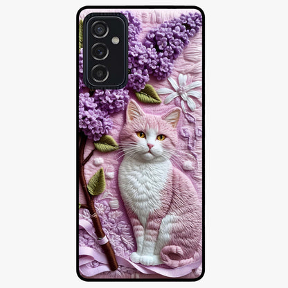 Lavender Cat Whimsy Glass Case showing flat back view with cute lavender cat artwork and glossy glass finish.