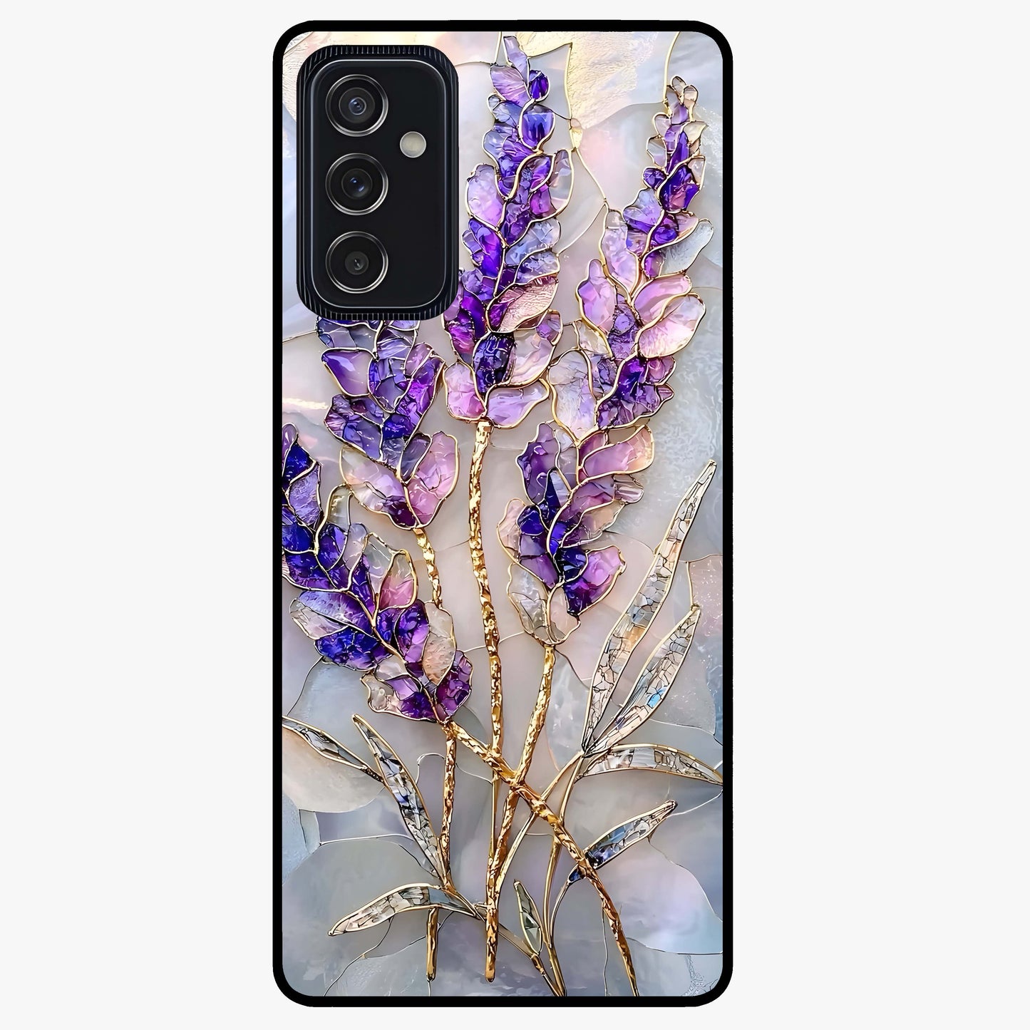 Lavender Dream Glow Glass Case showing flat back view with glowing lavender aesthetic artwork and glossy glass finish.