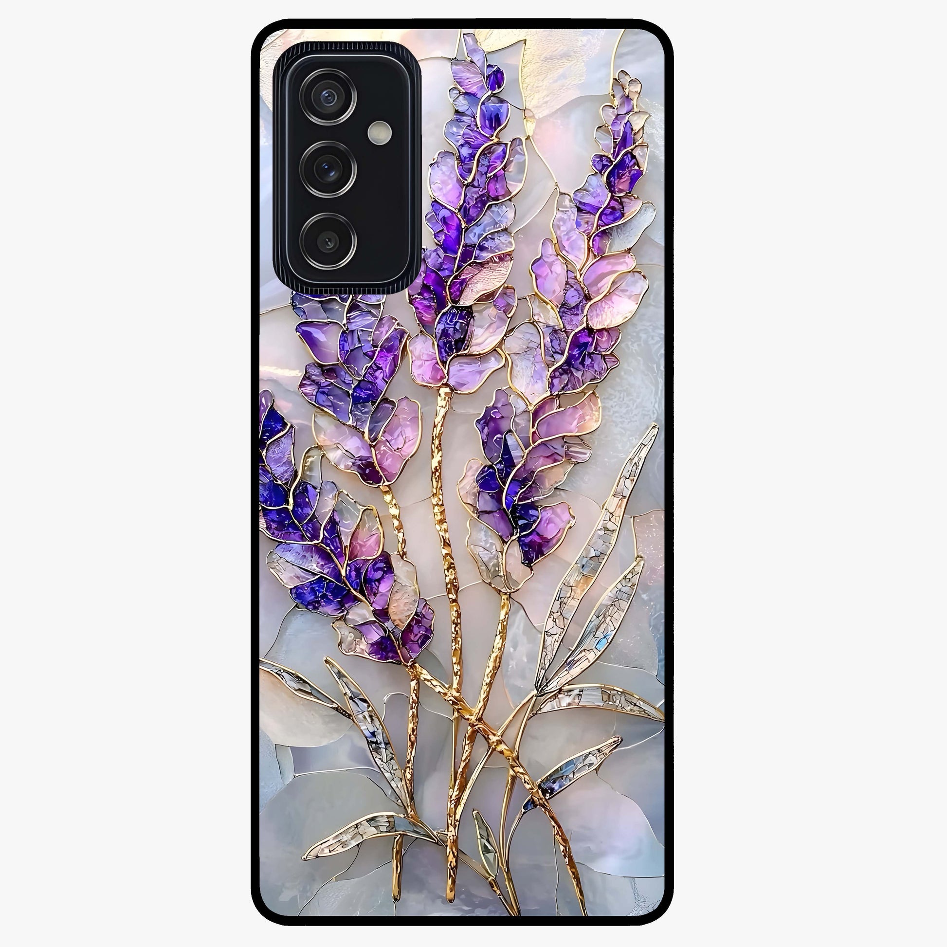 Lavender Dream Glow Glass Case showing flat back view with glowing lavender aesthetic artwork and glossy glass finish.