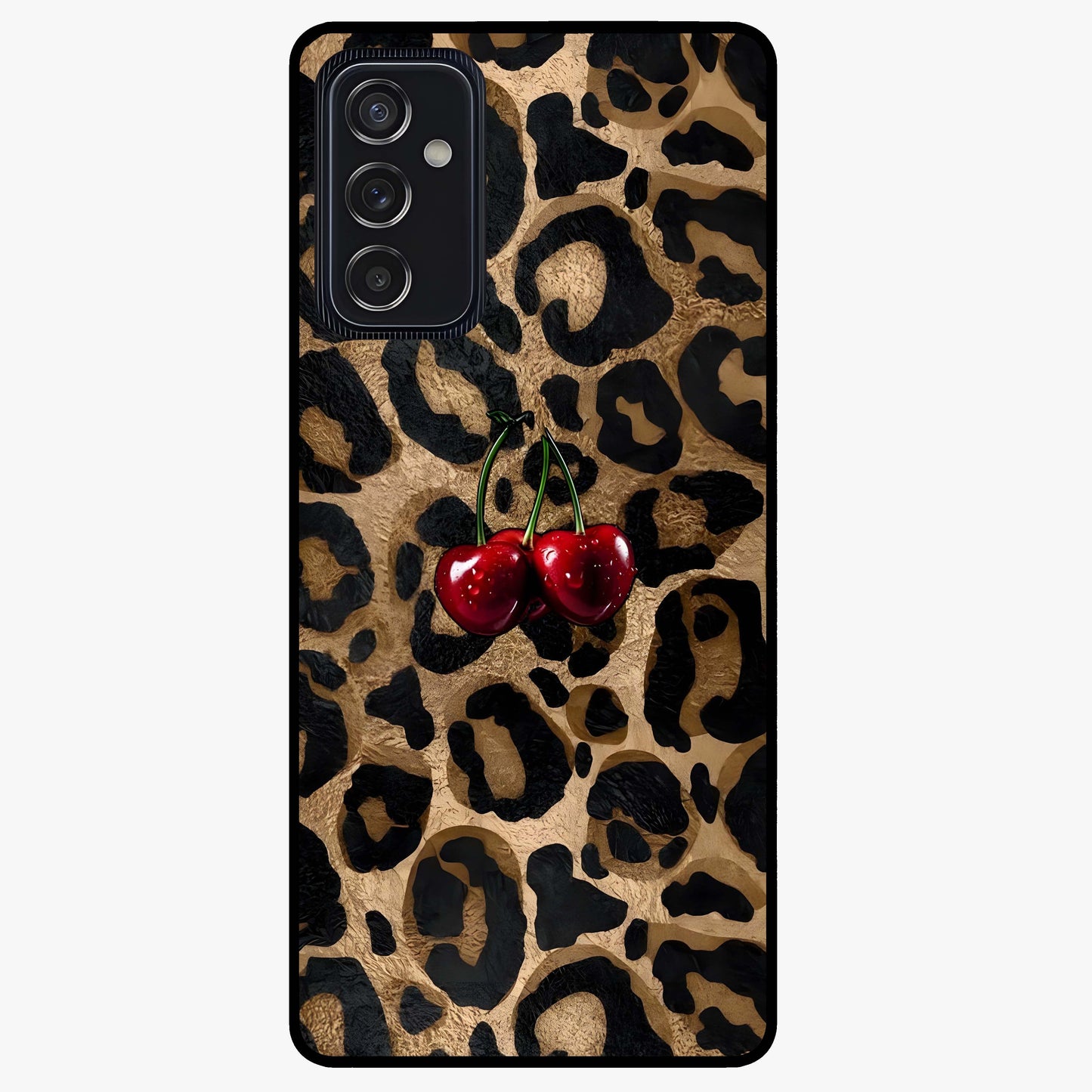Leopard Wild Cherry Glass Case showing flat back view with leopard pattern and cherry artwork and glossy glass finish.