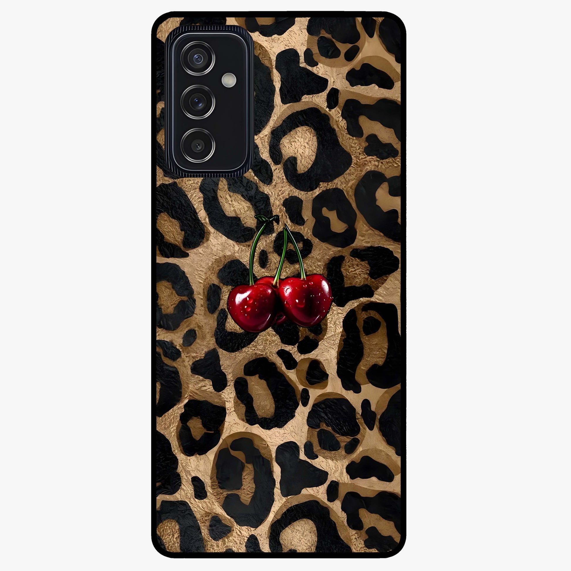 Leopard Wild Cherry Glass Case showing flat back view with leopard pattern and cherry artwork and glossy glass finish.