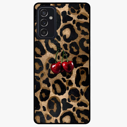 Leopard Wild Cherry Glass Case showing flat back view with leopard pattern and cherry artwork and glossy glass finish.