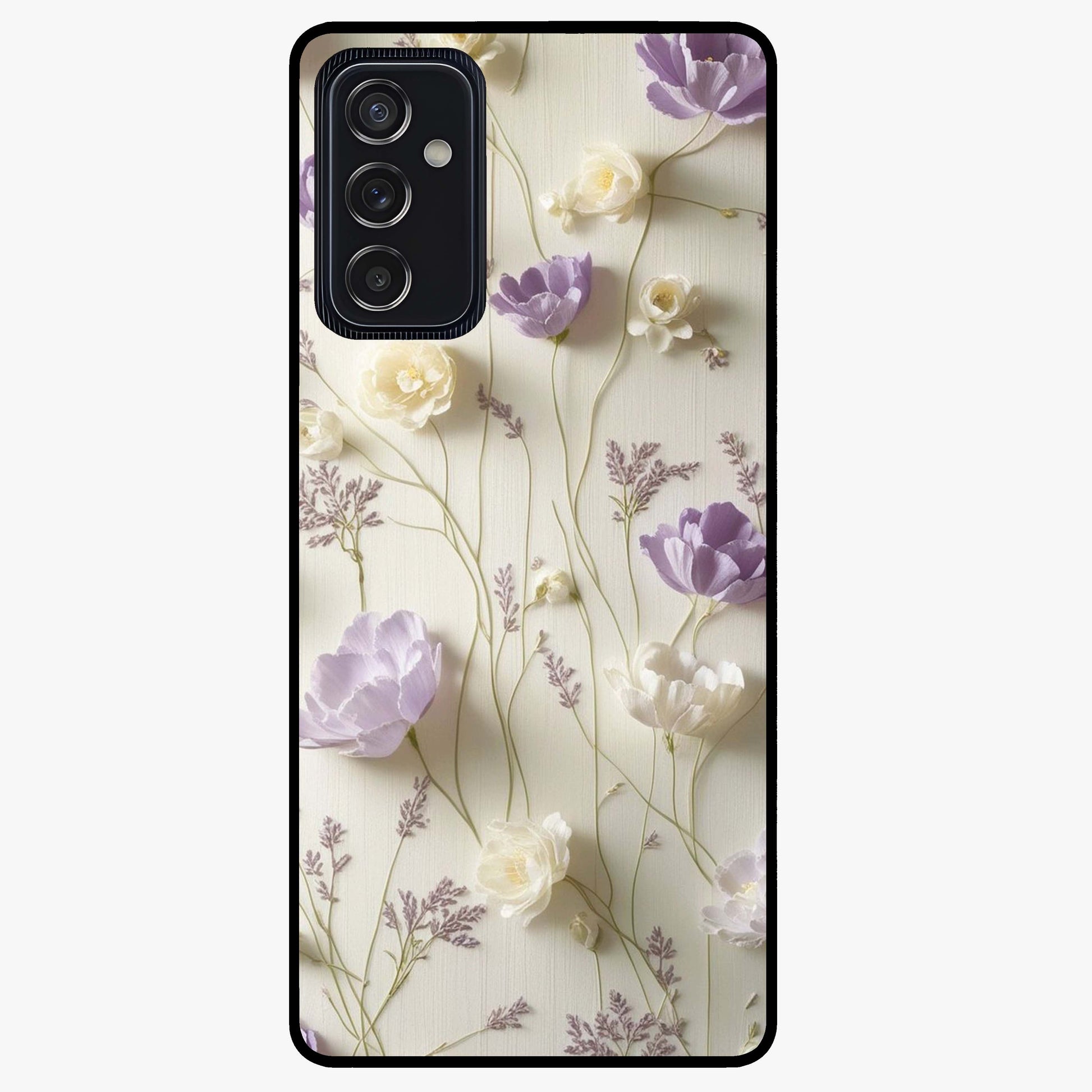Lilac Breeze Harmony Glass Case showing flat back view with soft lilac themed artwork and glossy glass finish.