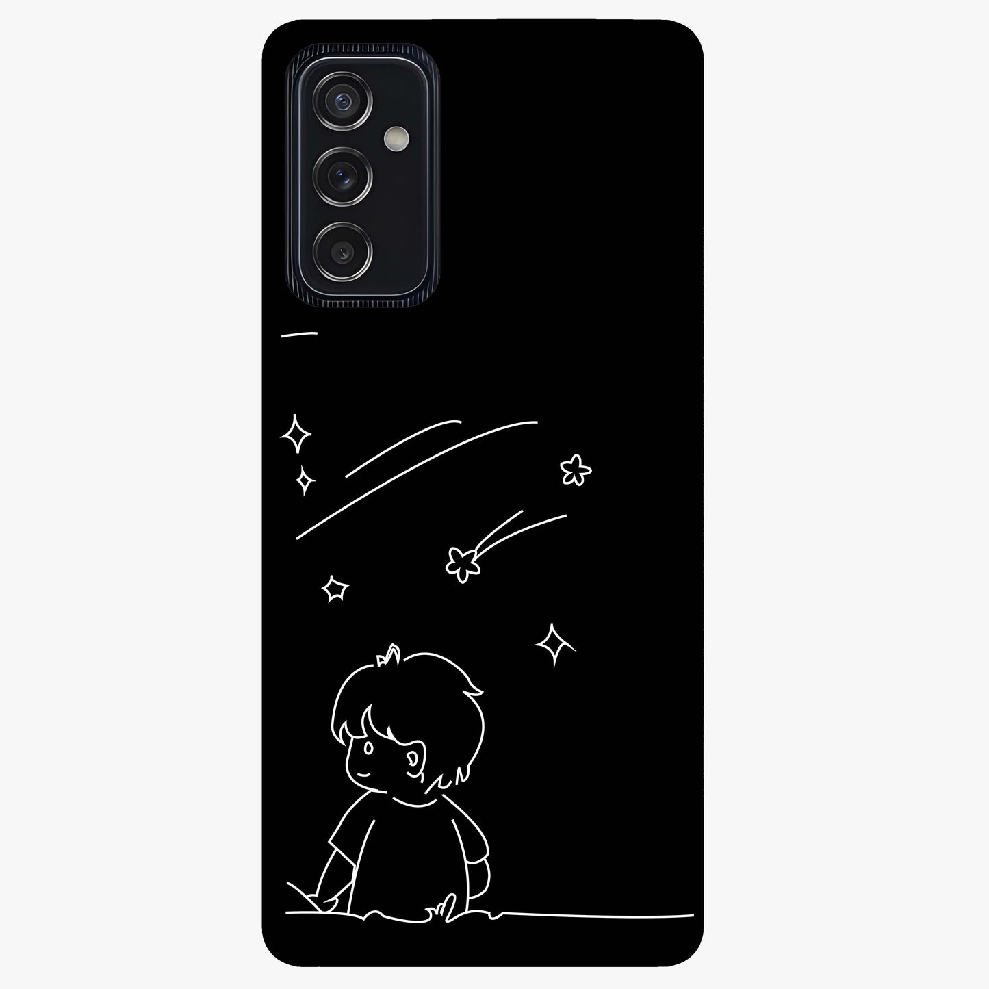 Line Art Boy With Shooting Stars Glass Case showing flat back view with minimal line art boy and shooting stars illustration and glossy glass finish.
