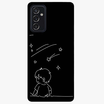 Line Art Boy With Shooting Stars Glass Case showing flat back view with minimal line art boy and shooting stars illustration and glossy glass finish.
