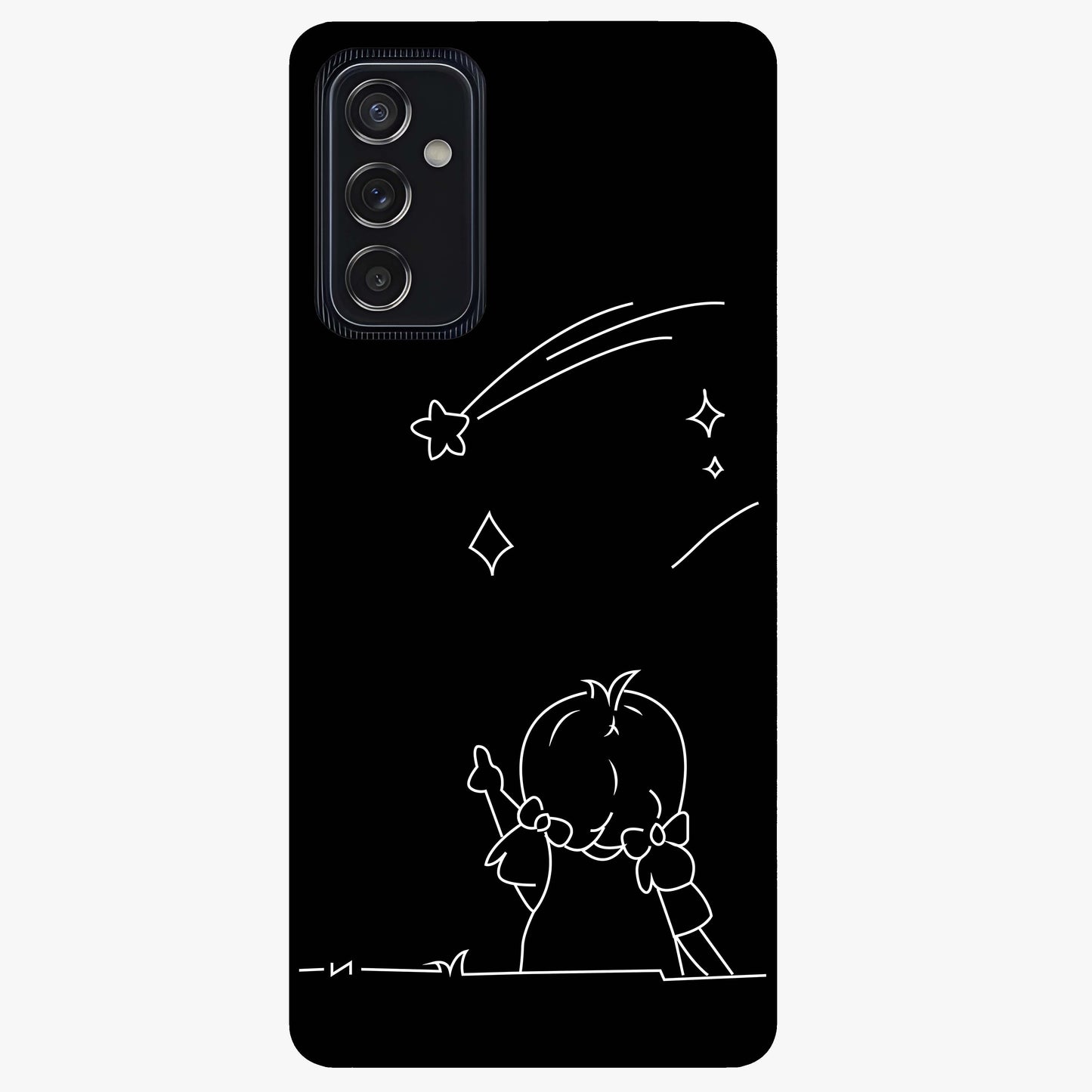 Line Art Girl With Shooting Stars Glass Case showing flat back view with minimal line art girl and shooting stars illustration and glossy glass finish.