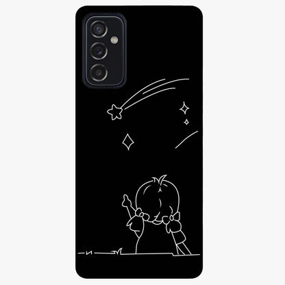 Line Art Girl With Shooting Stars Glass Case showing flat back view with minimal line art girl and shooting stars illustration and glossy glass finish.