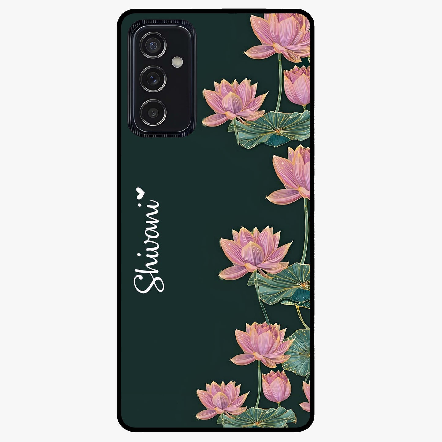 Lotus Bloom Serenity Custom Name Glass Case showing flat back view with elegant lotus flower artwork and personalized name design.