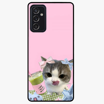 Love Matcha Cat Glass Case showing flat back view with cute cat and matcha themed artwork and glossy glass finish.