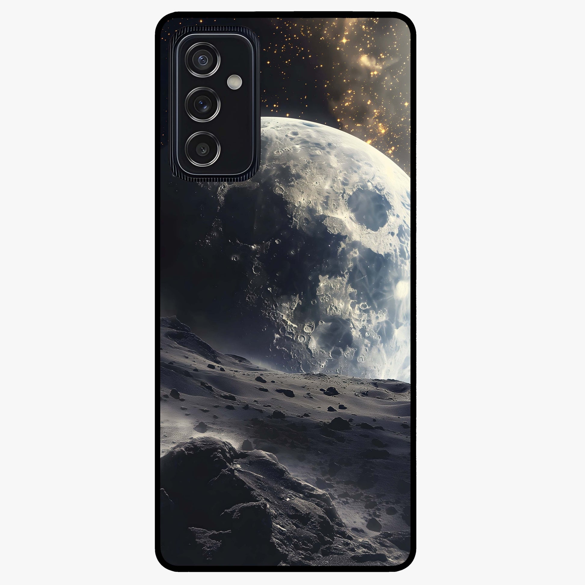 Lunar Horizon Glow Glass Case showing flat back view with glowing moon horizon artwork and glossy glass finish.