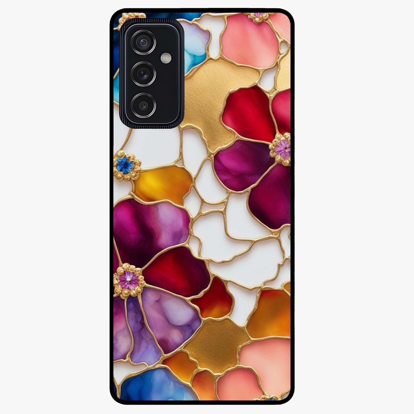 Marble Flower Pattern Glass Case showing flat back view with marble texture floral artwork and glossy glass finish.
