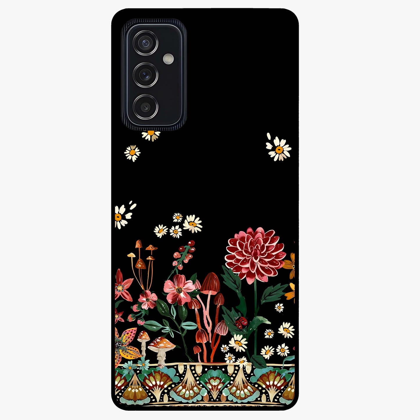 Midnight Bloom Pattern Glass Case showing flat back view with dark floral pattern artwork and glossy glass finish.