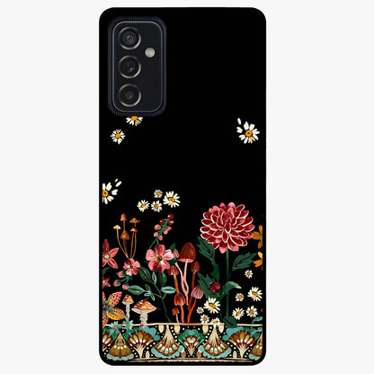 Midnight Bloom Pattern Glass Case showing flat back view with dark floral pattern artwork and glossy glass finish.