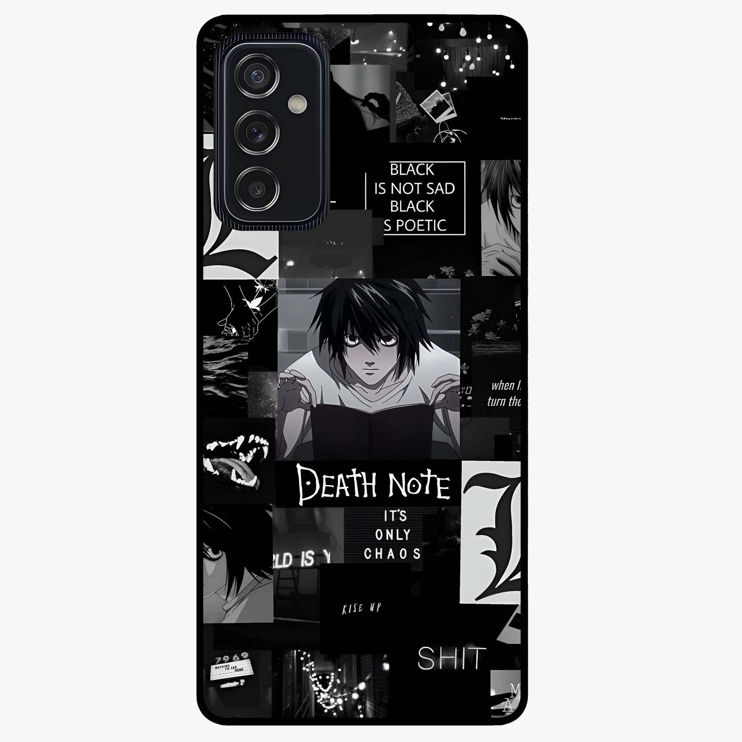 Midnight Chaos Mind Glass Case showing flat back view with abstract dark themed artwork and glossy glass finish.