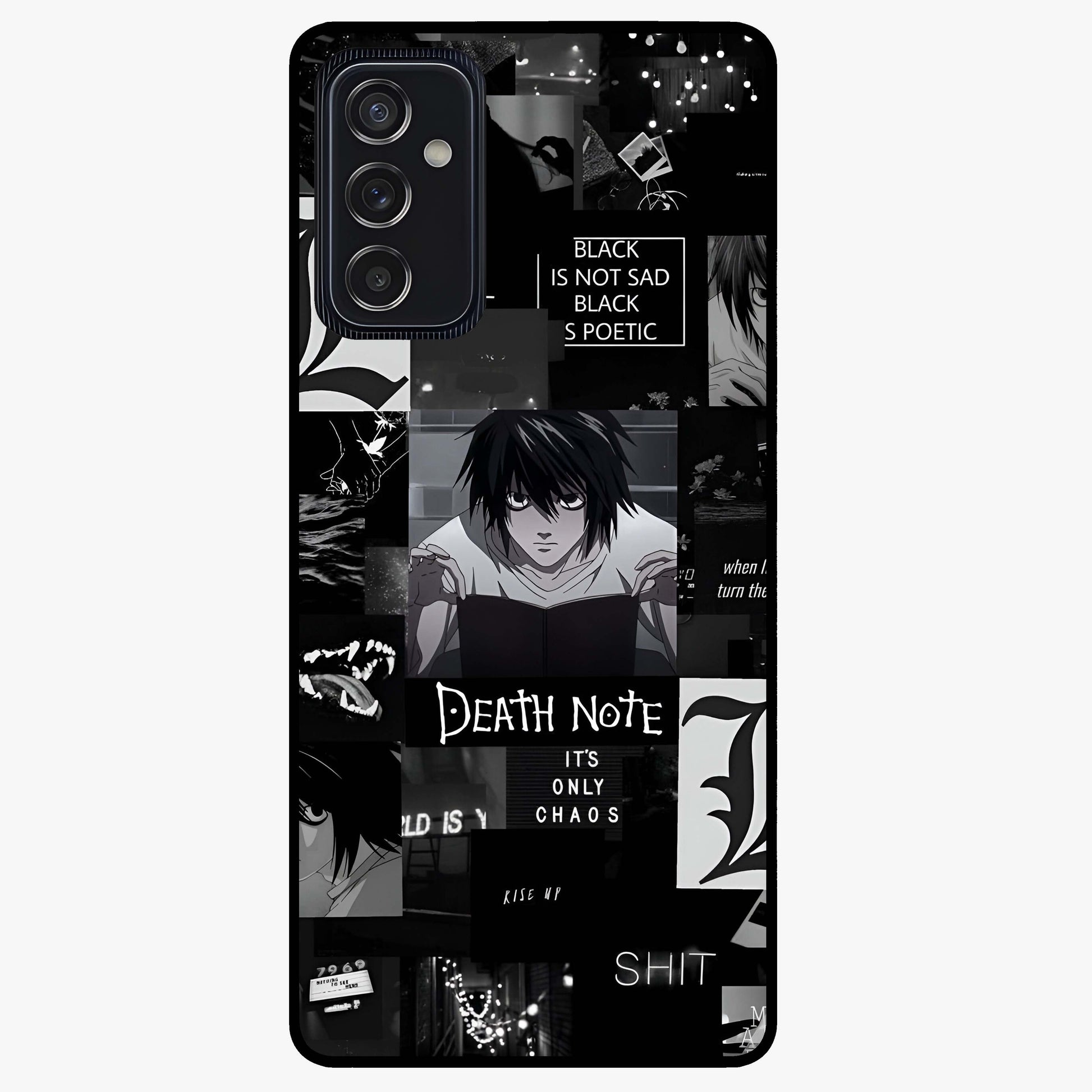 Midnight Chaos Mind Glass Case showing flat back view with abstract dark themed artwork and glossy glass finish.