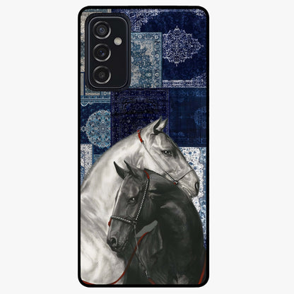 Midnight Stallion Blues Glass Case showing flat back view with majestic horse artwork and glossy glass finish.