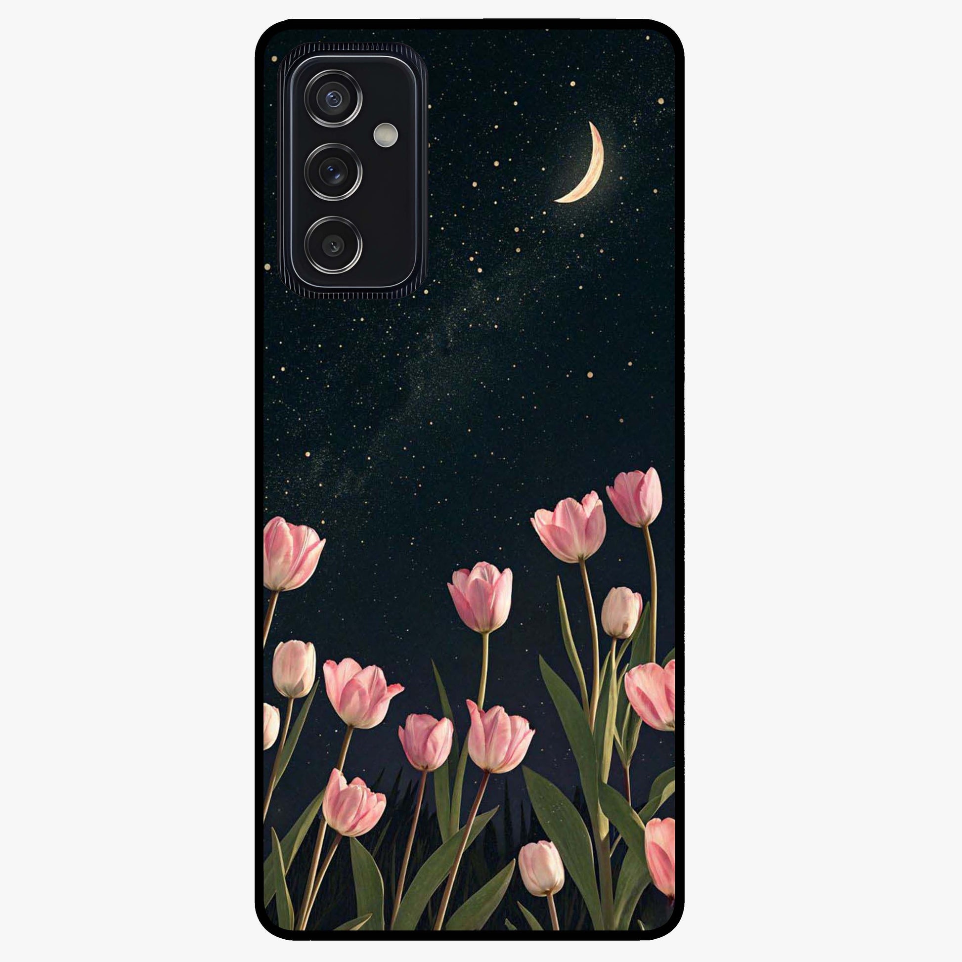 Midnight Tulip Whispers Vibe Glass Case showing flat back view with elegant tulip flower artwork and glossy glass finish.