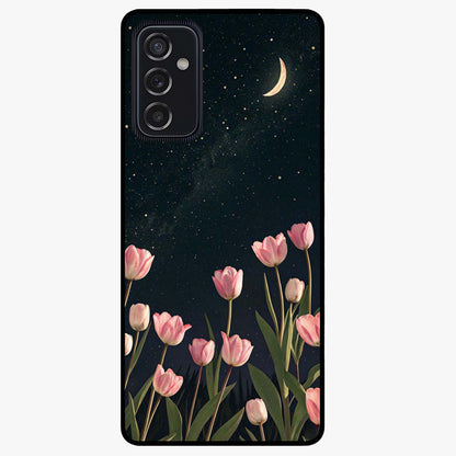Midnight Tulip Whispers Vibe Glass Case showing flat back view with elegant tulip flower artwork and glossy glass finish.