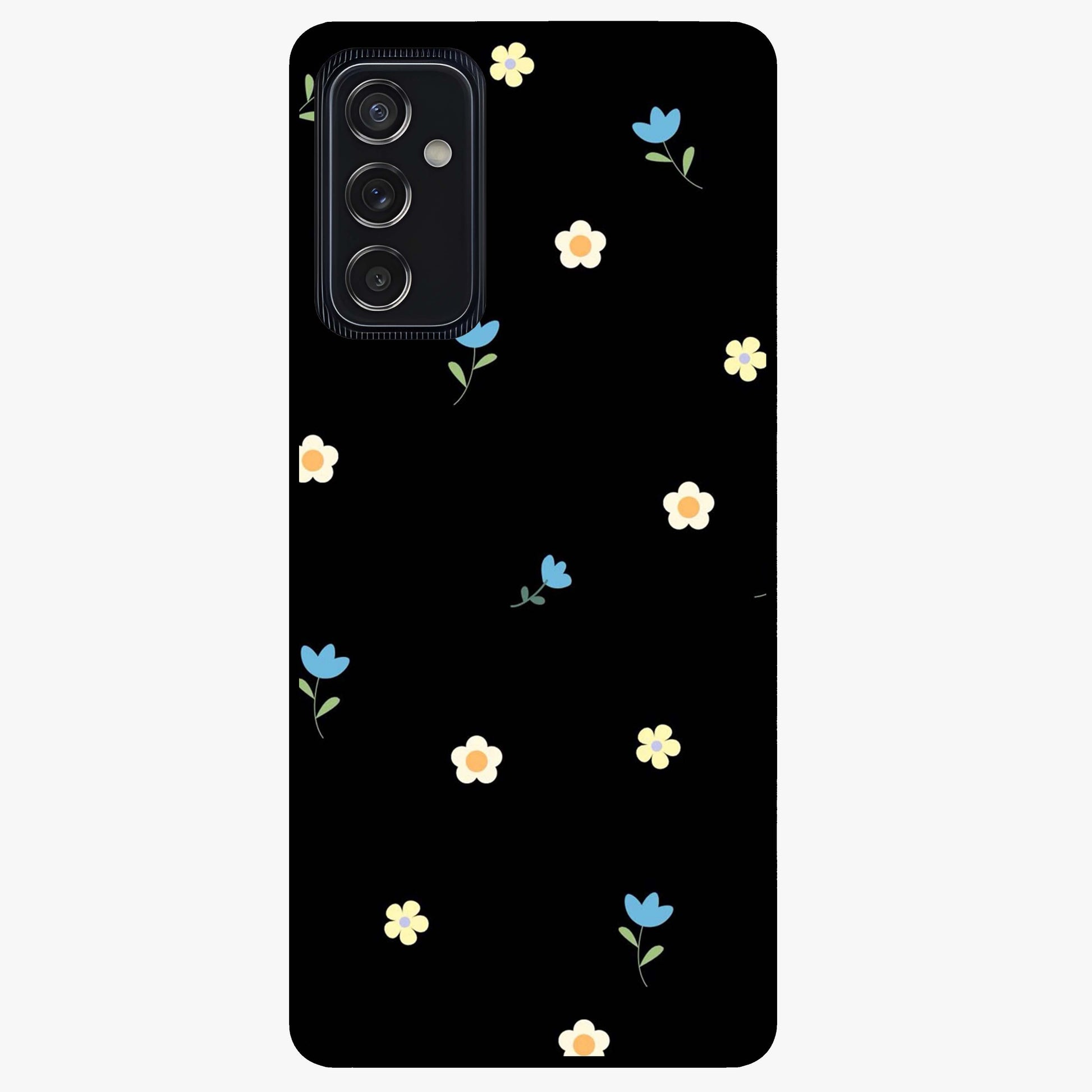 Minimalistic Blue With White Flower Pattern Glass Case showing flat back view with blue background and white flower pattern and glossy glass finish.