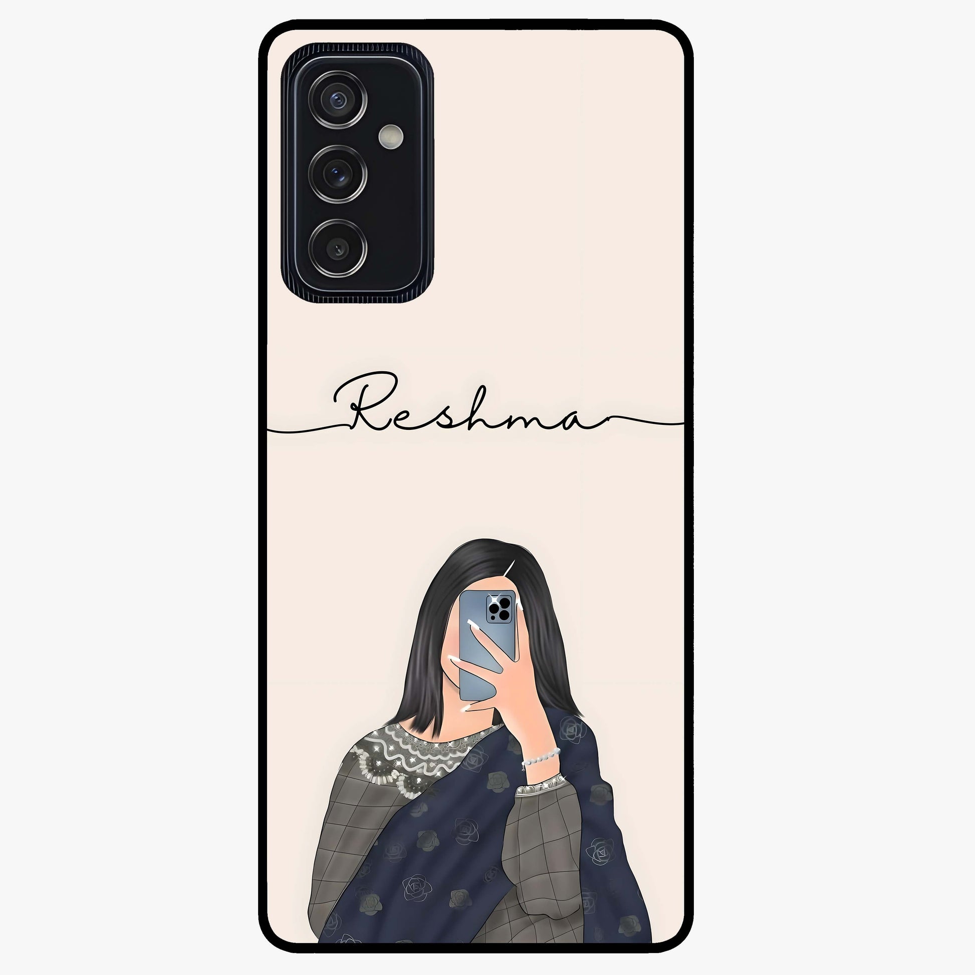 Mirror Mood Muse With Custom Name Glass Case showing flat back view with stylish mirrored artwork and personalized name design.