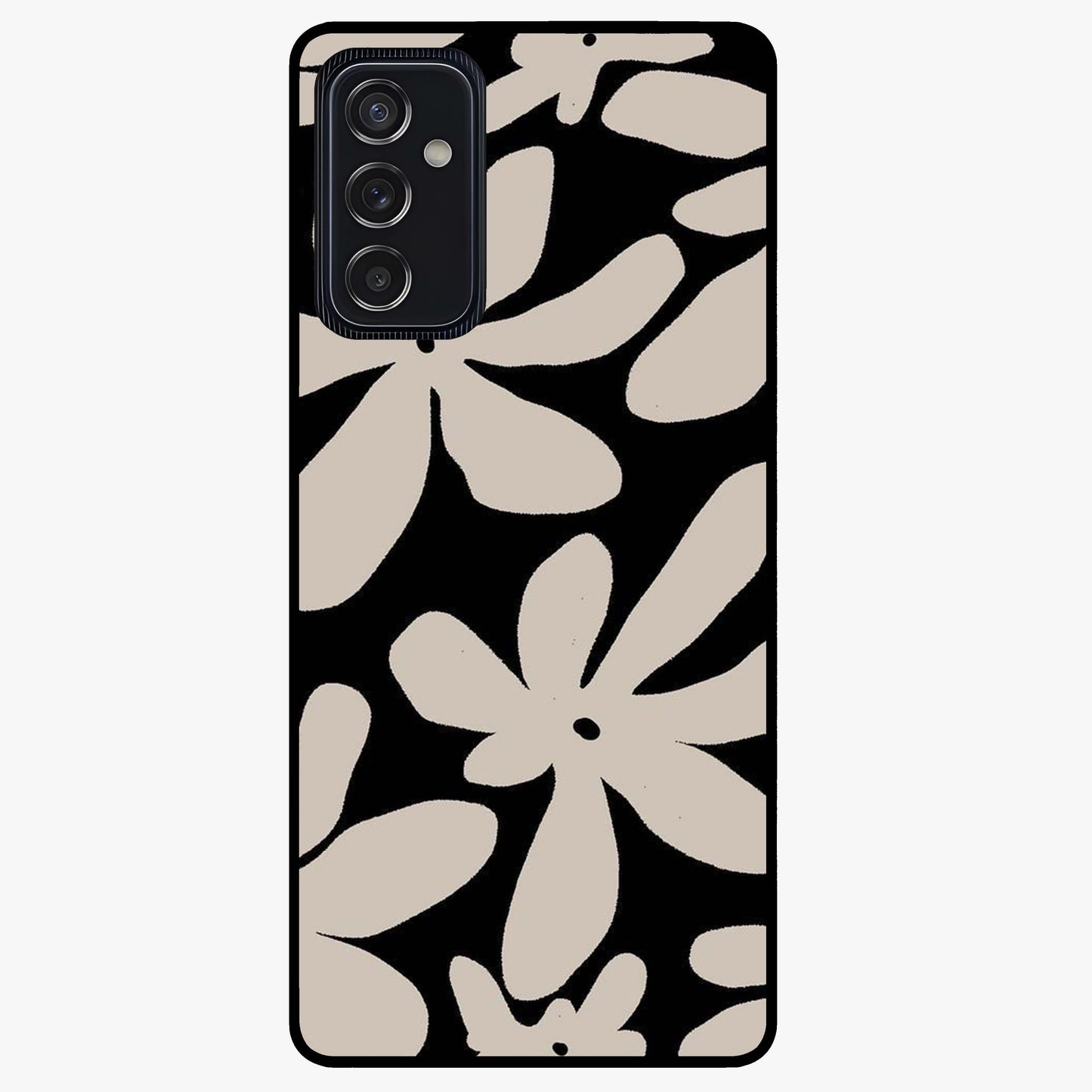 Monochrome Petal Dance Glass Case showing flat back view with monochrome floral artwork and glossy glass finish.