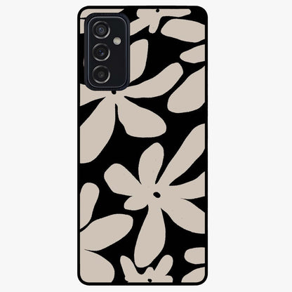 Monochrome Petal Dance Glass Case showing flat back view with monochrome floral artwork and glossy glass finish.