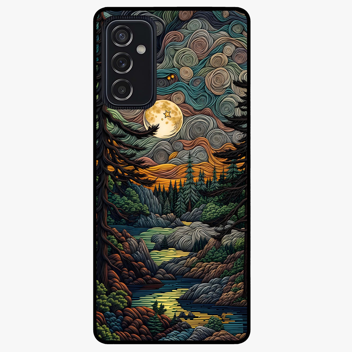 Moonlight Forest Dream Glass Case showing flat back view with mystical forest moonlight artwork and glossy glass finish.