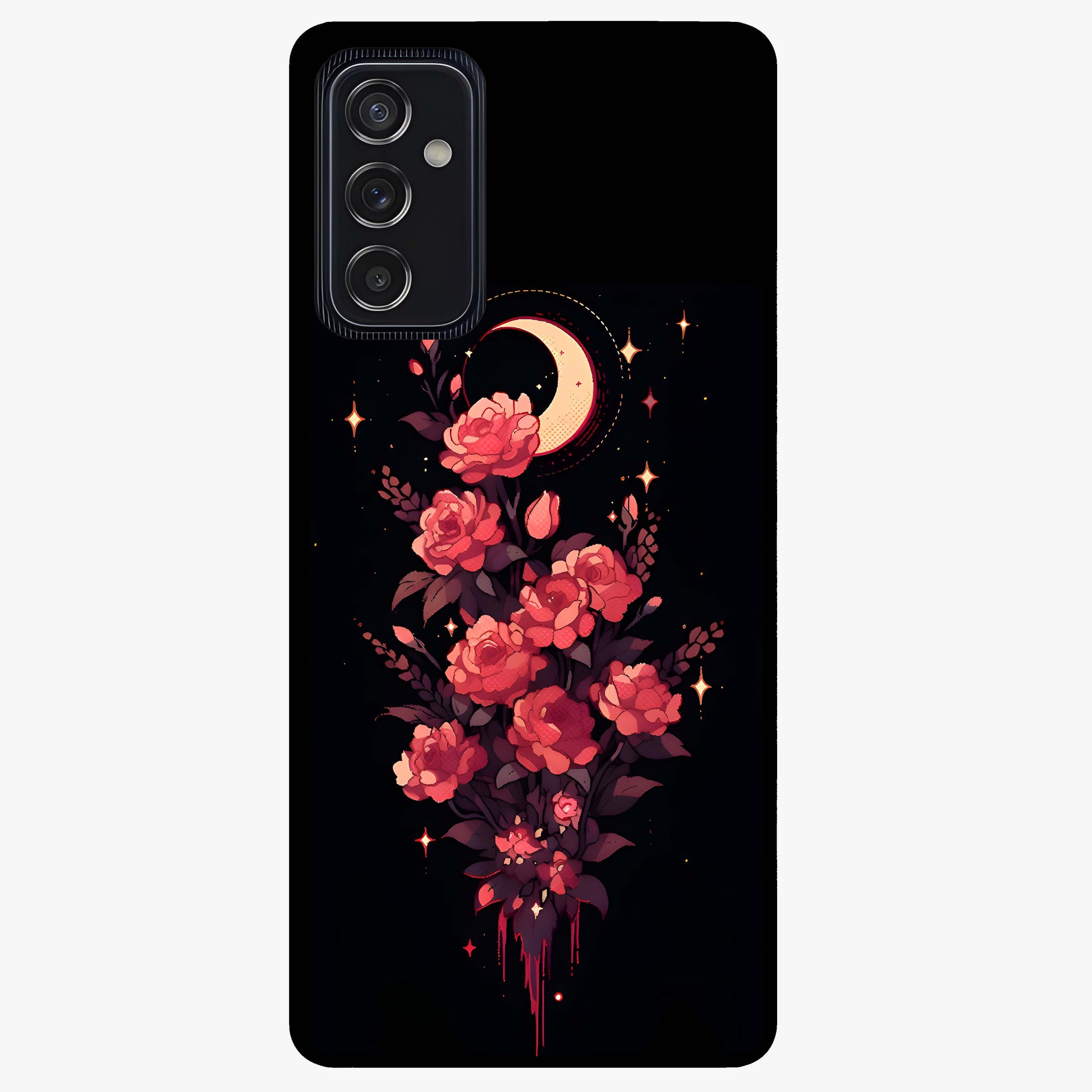 Moonlit Floral Elegance Glass Case showing flat back view with elegant floral artwork under moonlit tones and glossy glass finish.