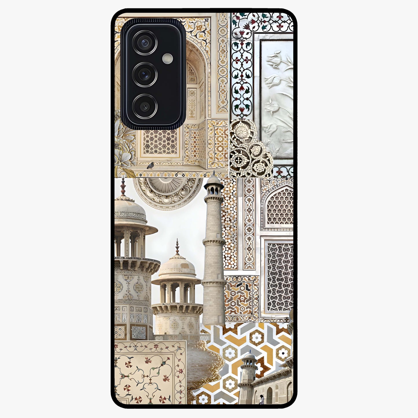 Mughal Marble Legacy Glass Case showing flat back view with intricate Mughal inspired marble pattern and glossy glass finish.