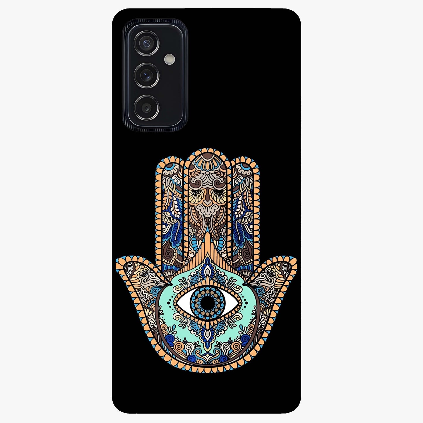 Mystic Hamsa Eye Glass Case showing flat back view with protective hamsa hand and evil eye artwork and glossy glass finish.