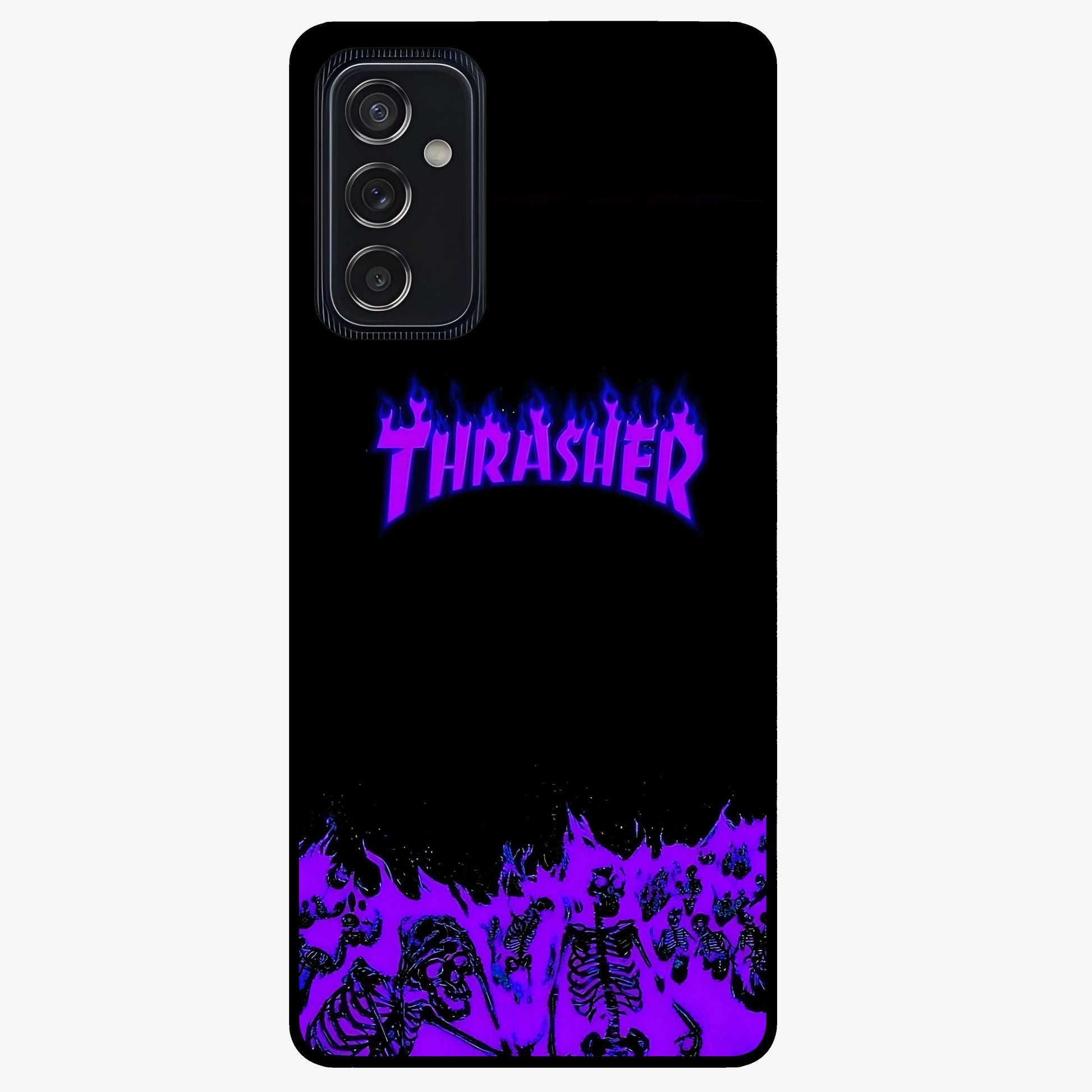 Neon Flame Riot Glass Case showing flat back view with neon flame artwork and glossy glass finish.