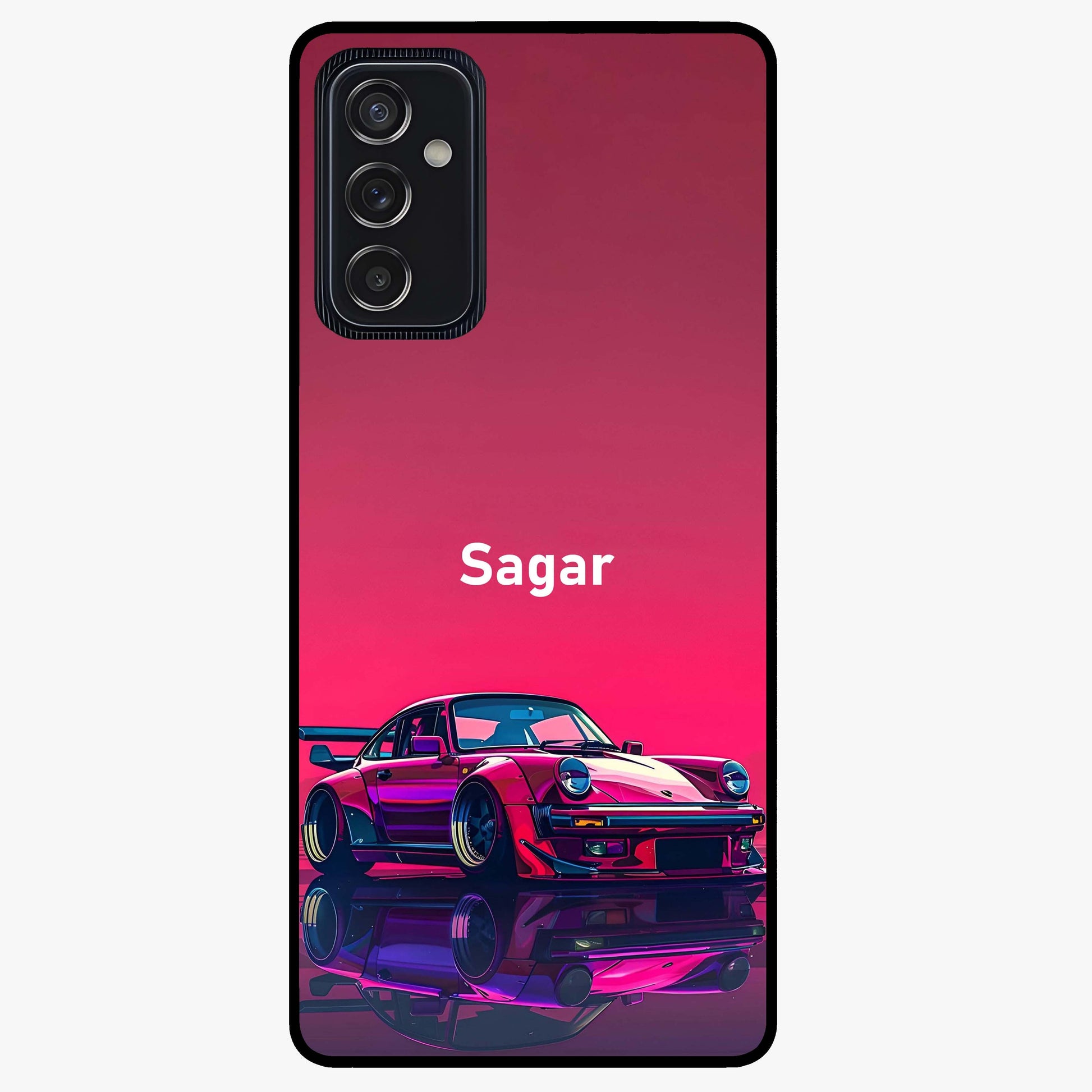 Neon Pink Porsche Glass Case showing flat back view with stylish sports car artwork and glossy glass finish.
