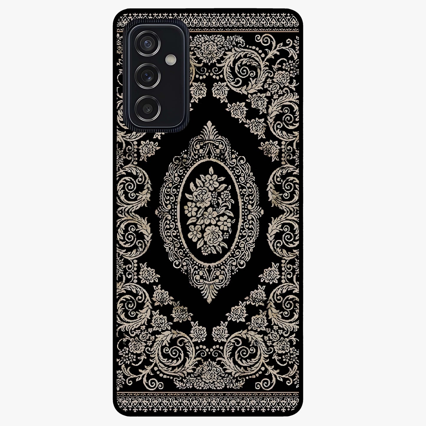 Noir Bloom Elegance Glass Case showing flat back view with elegant dark floral artwork and glossy glass finish.
