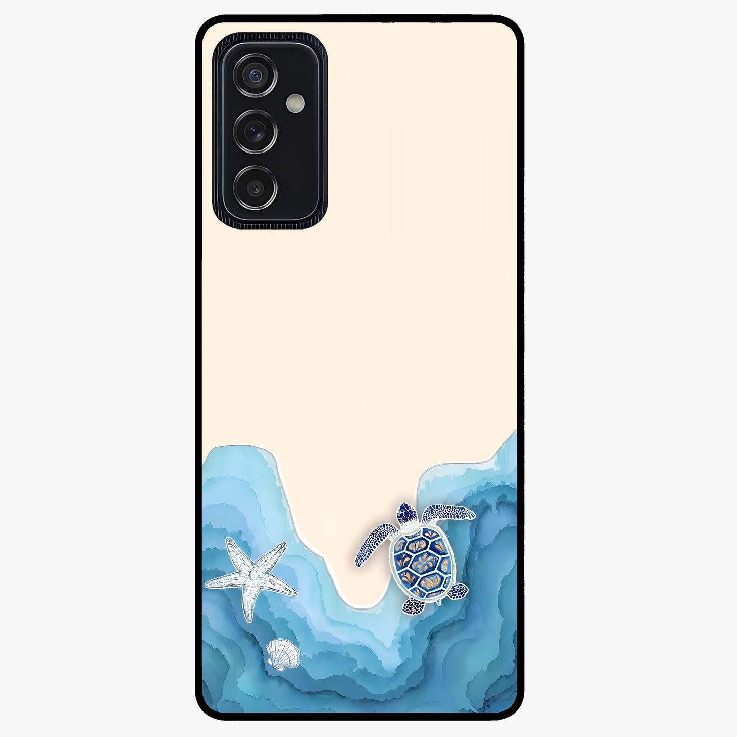 Ocean Drift Turtle Glass Case showing flat back view with sea turtle artwork and glossy glass finish.
