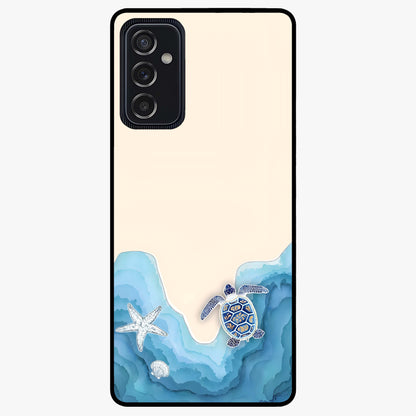 Ocean Drift Turtle Glass Case showing flat back view with sea turtle artwork and glossy glass finish.