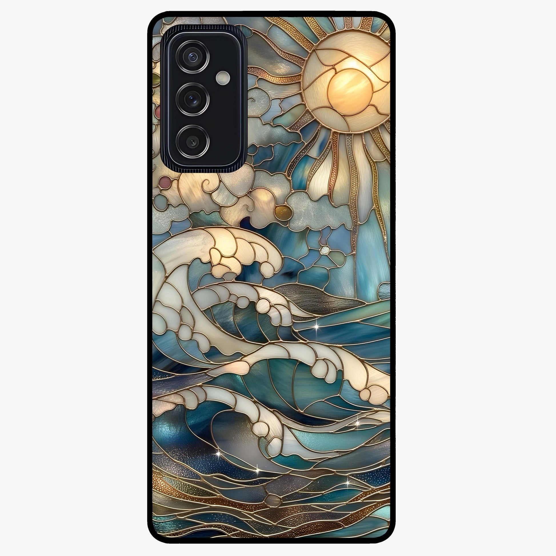 Oceanic Stained Printed Glass Case showing flat back view with ocean inspired stained pattern artwork and glossy glass finish.