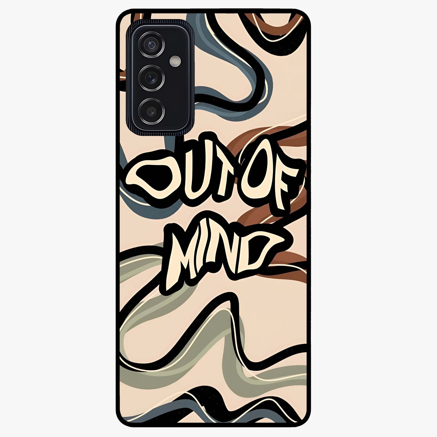 Out Of Mind Glass Case showing flat back view with expressive typography artwork and glossy glass finish.